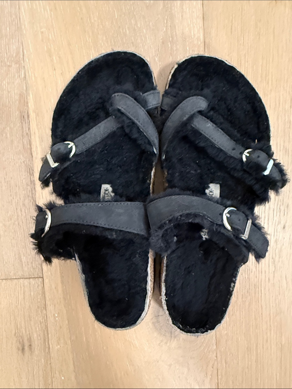 Birkenstock Black Faux Fur Double-Buckle Slides